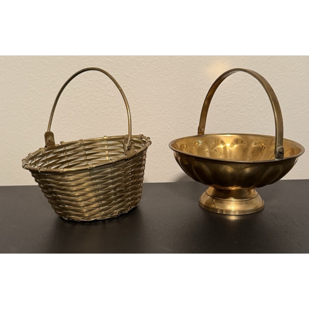 Vintage Brass Wire‎ Metal Woven Baskets W/ Movable Handle Made In India MCM mini